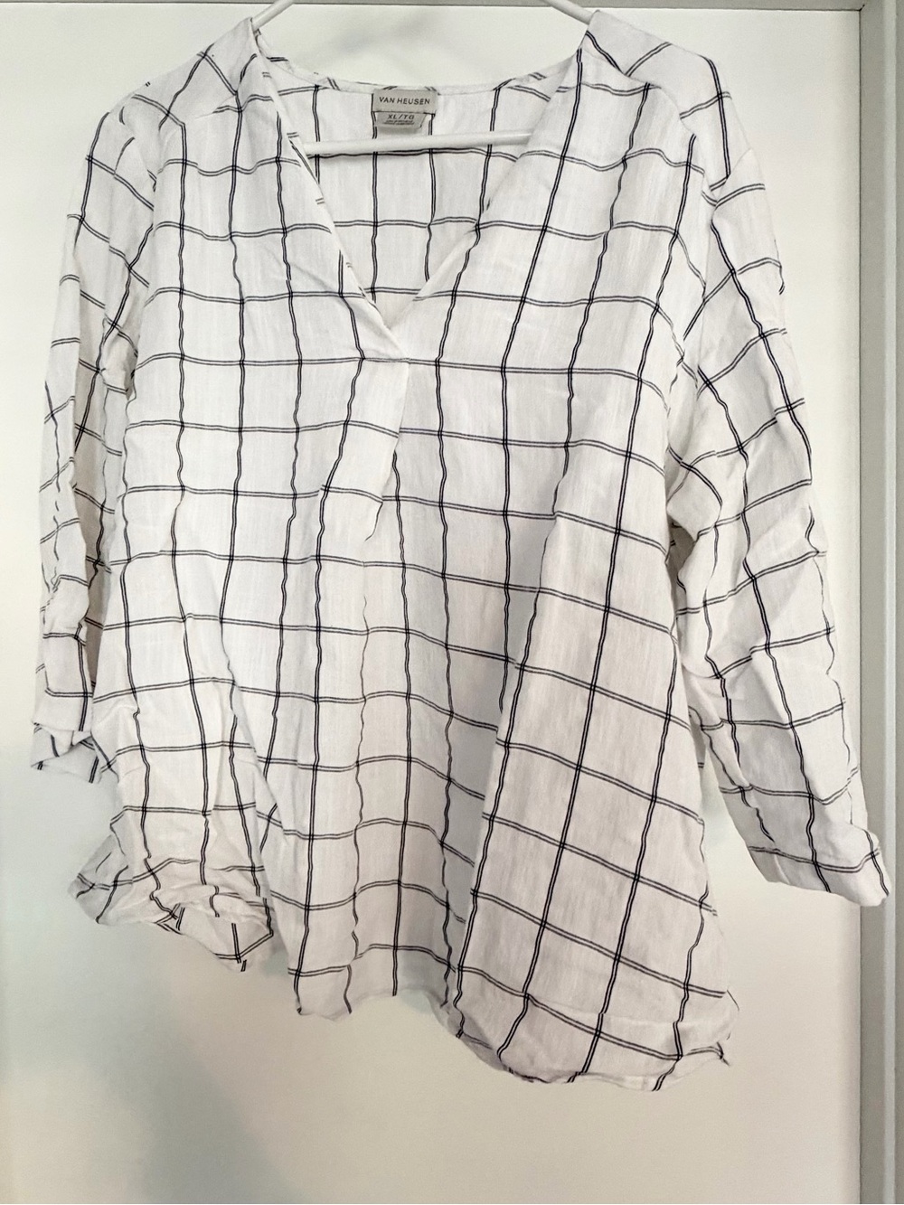 Van Heusen White Blouse with Black Windowpane Grid